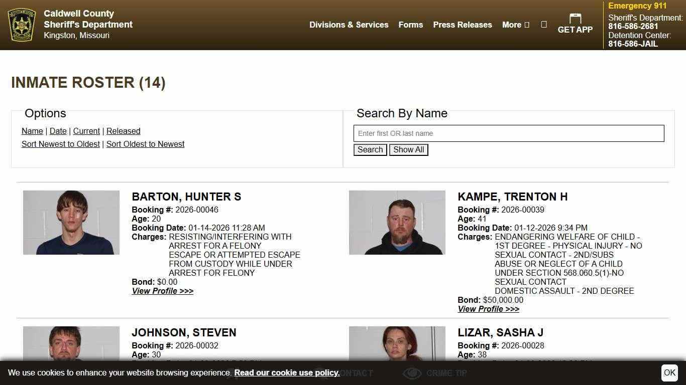 Inmate Roster | Caldwell County MO Sheriff's Department | Sort Booking Time - Descending | Page 1