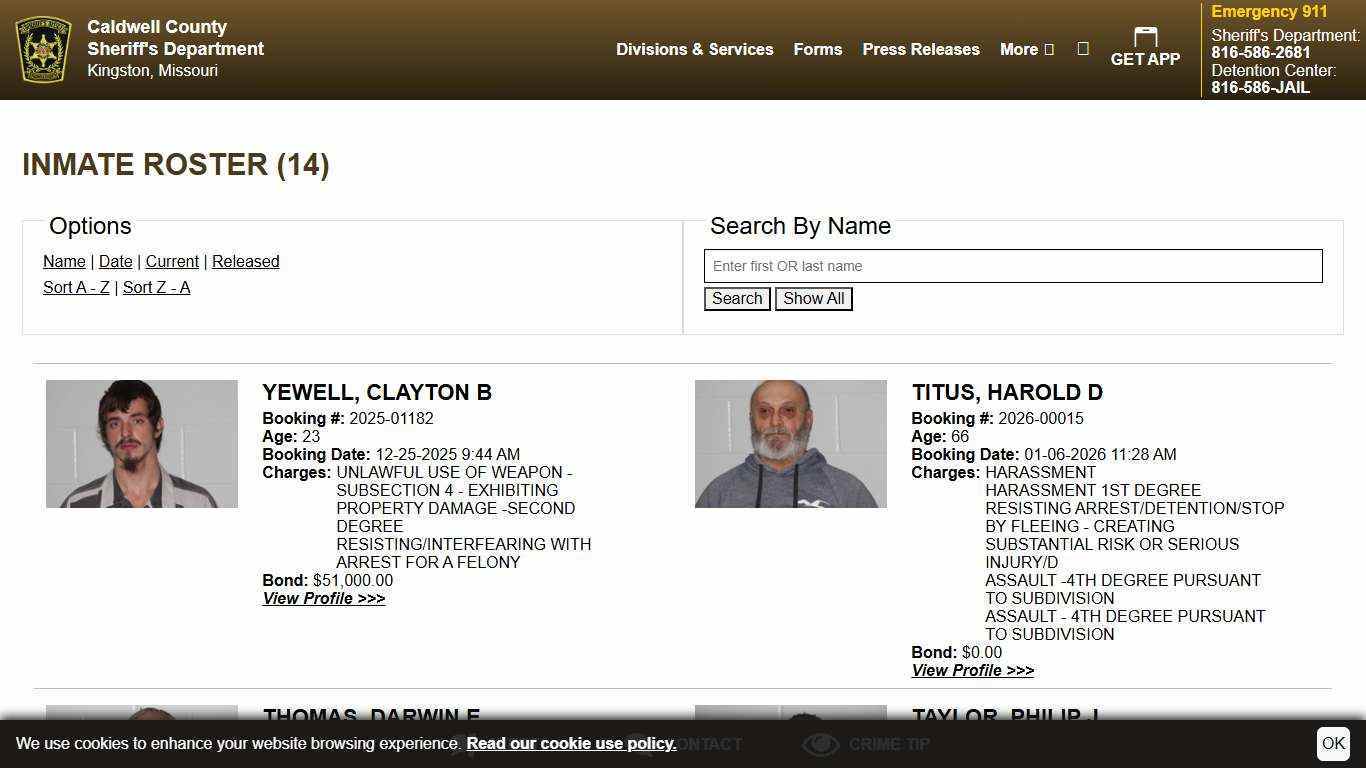 Inmate Roster | Caldwell County MO Sheriff's Department | Sort Name - Descending | Page 1