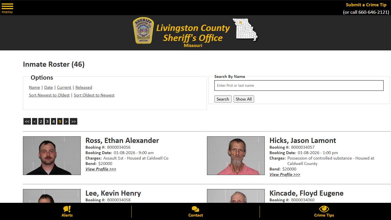 Inmate Roster - Page 5 Current Inmates Booking Date Ascending - Livingston County Missouri Sheriff